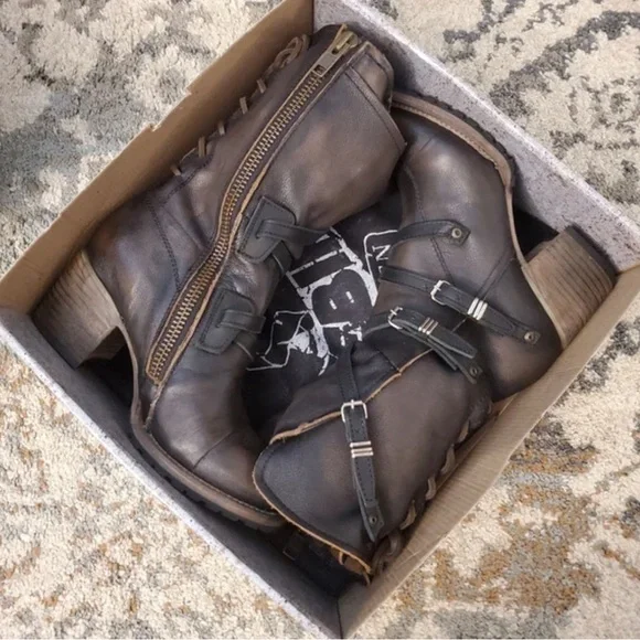 Freebird by Steven Distressed Brown Leather Moto Boots with Buckles - Picture 3 of 7